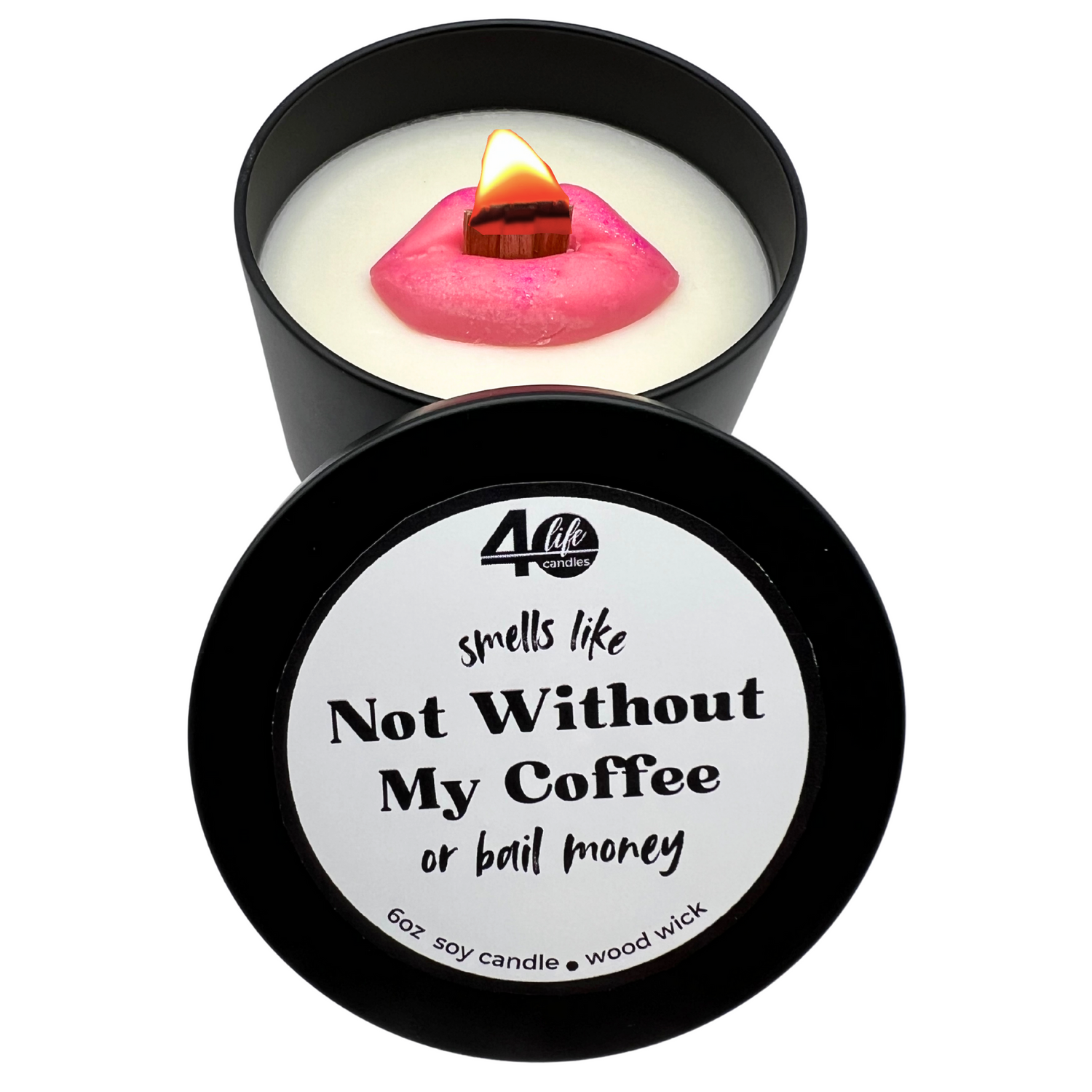 Soy Wax Candle with lit wood wick and pink wax lips