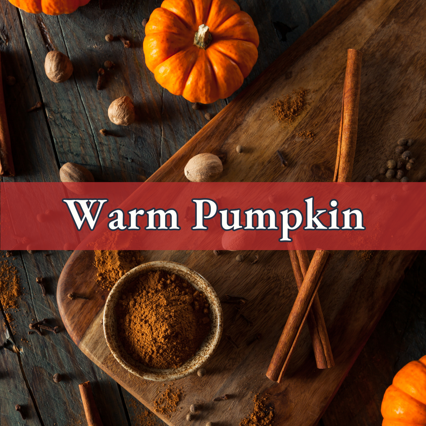 Autumnal scene with pumpkins, spices, and a wooden board on a rustic background.