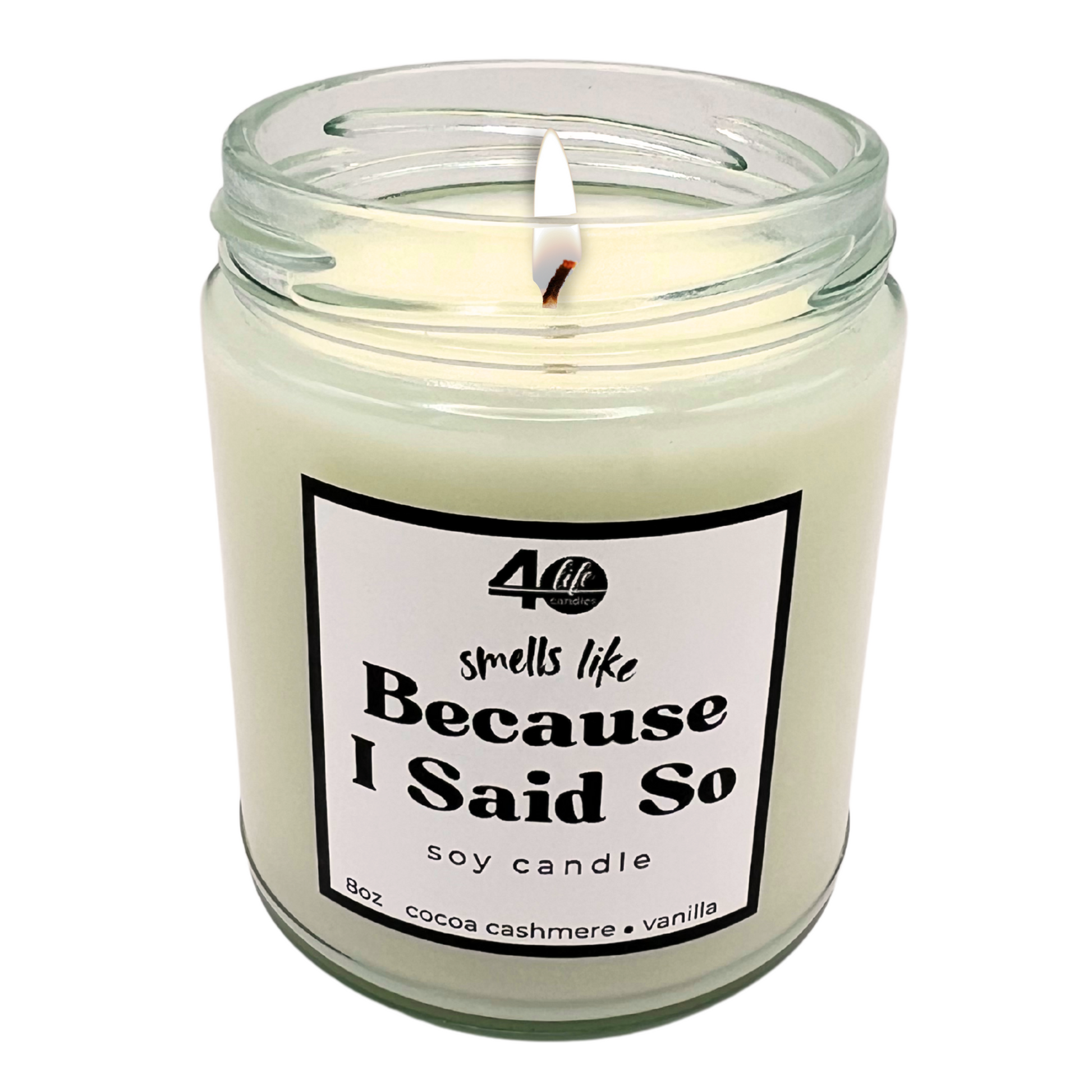 Funny soy candle with lit cotton wick