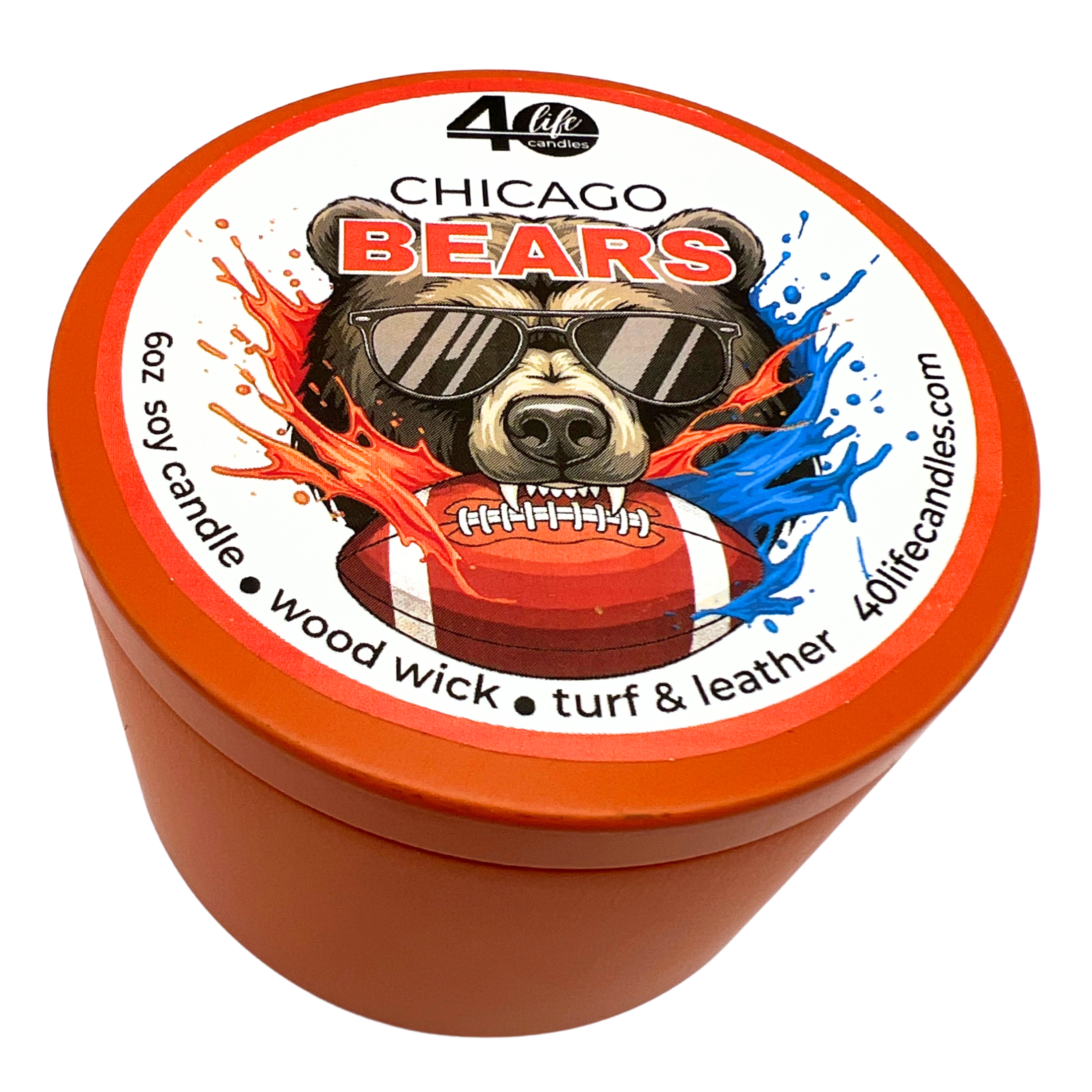 Candle container with Chicago Bears design and 40 life candles branding