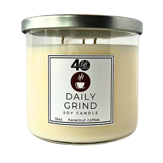 daily grind soy candle with 3 cotton wicks and silver metal lid on white background