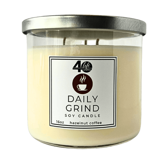 daily grind soy candle with 3 cotton wicks and silver metal lid on white background