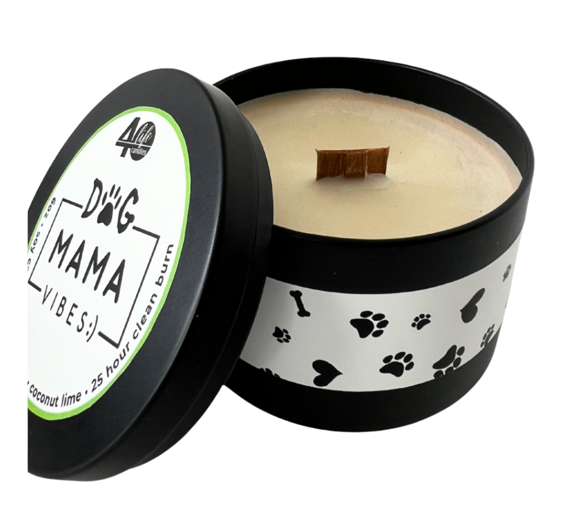 Dog Mama Vibes soy candle in coconut lime scent lasting 25 clean hours