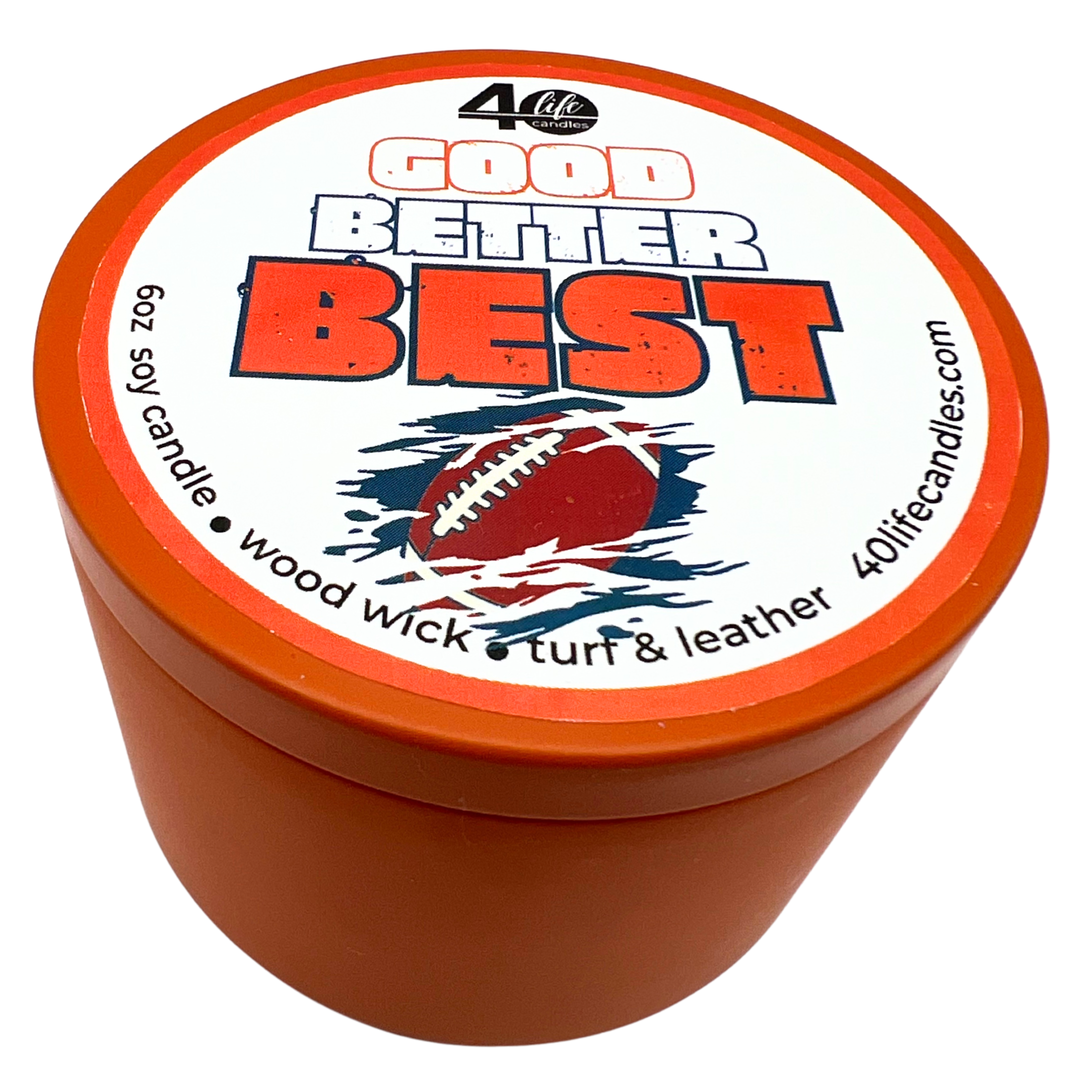 Candle container with 'Good Better Best' label featuring a football design on an orange background.