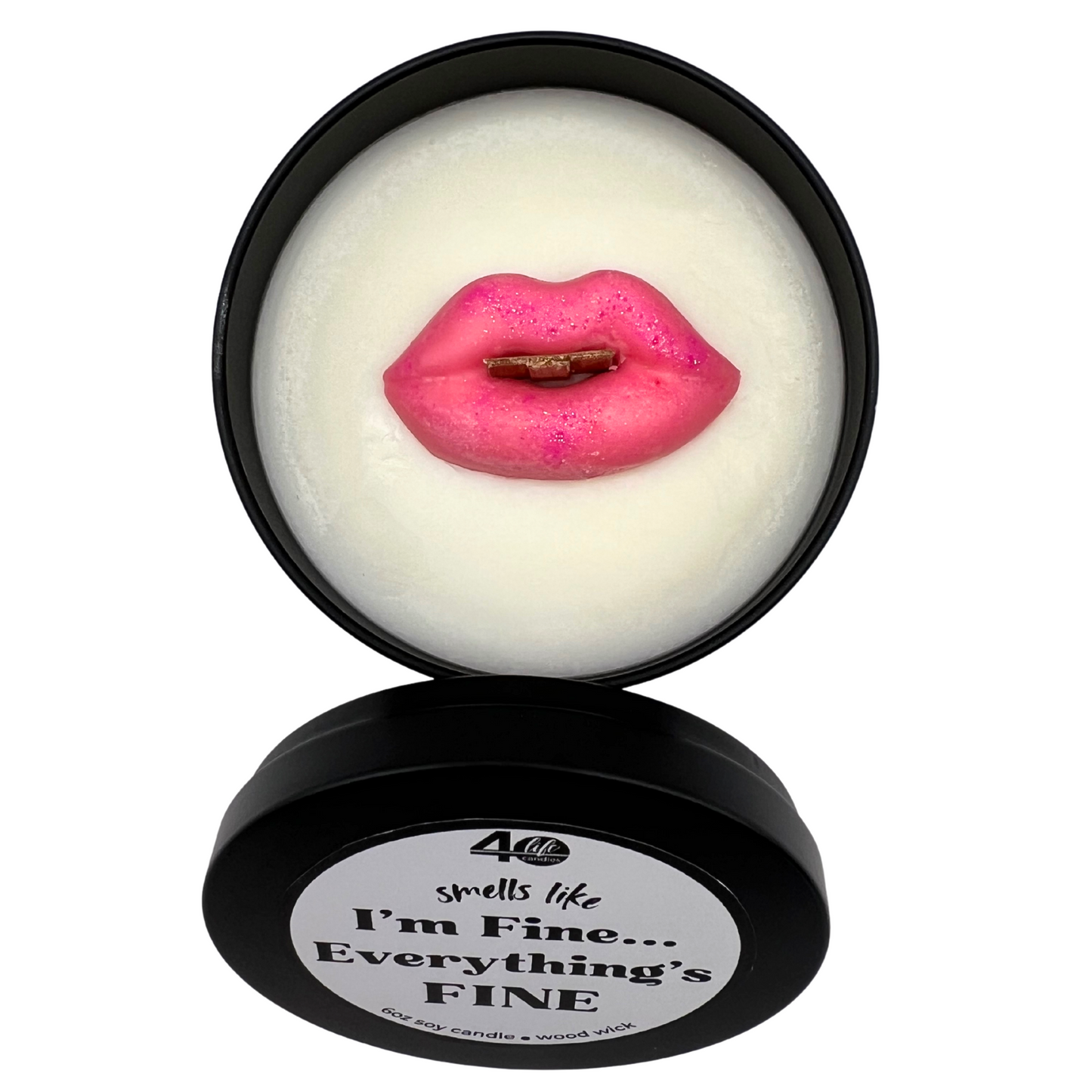 Soy Candle with pink wax lips and wood wick
