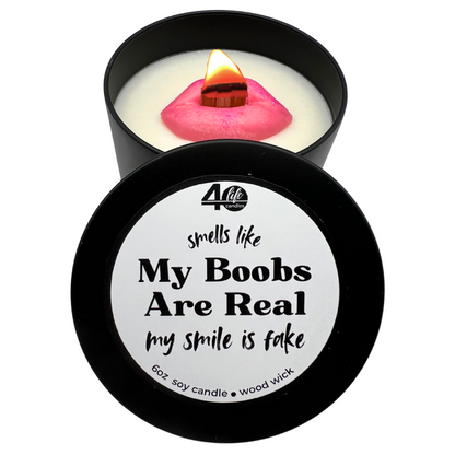 Soy Candle with lit wood wick and pink soy wax lips