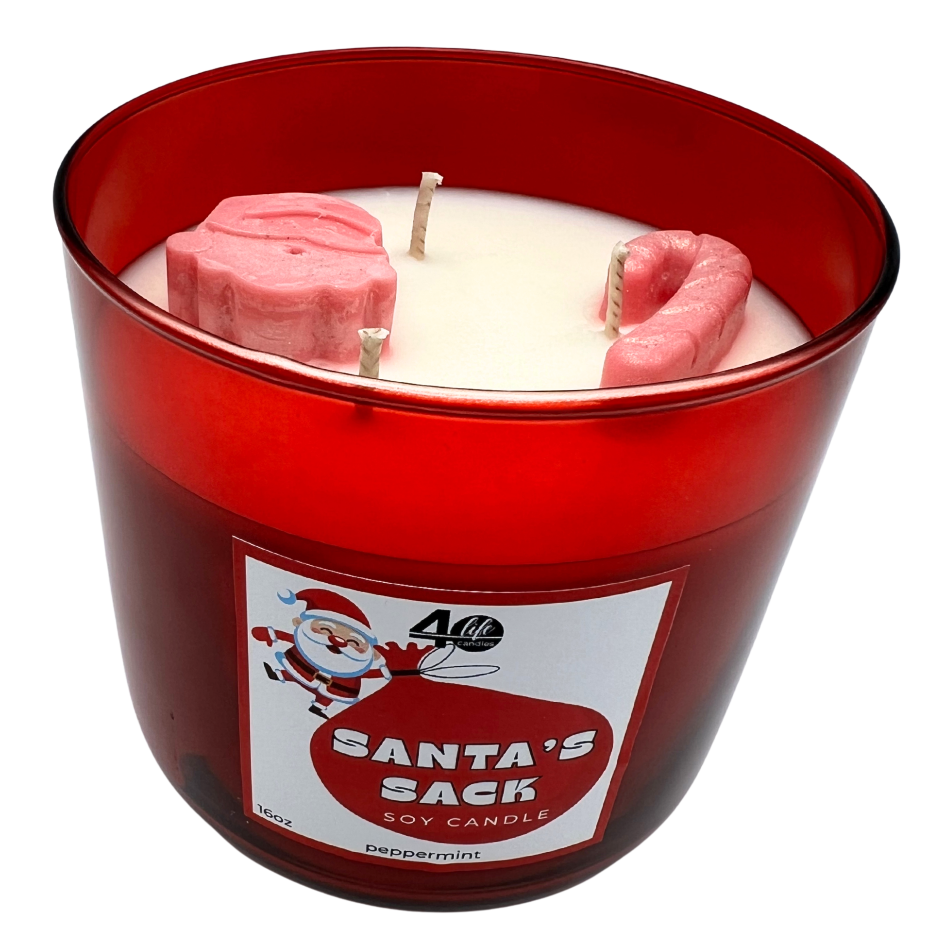 Candle in a red container with a Santa Claus label on a white background