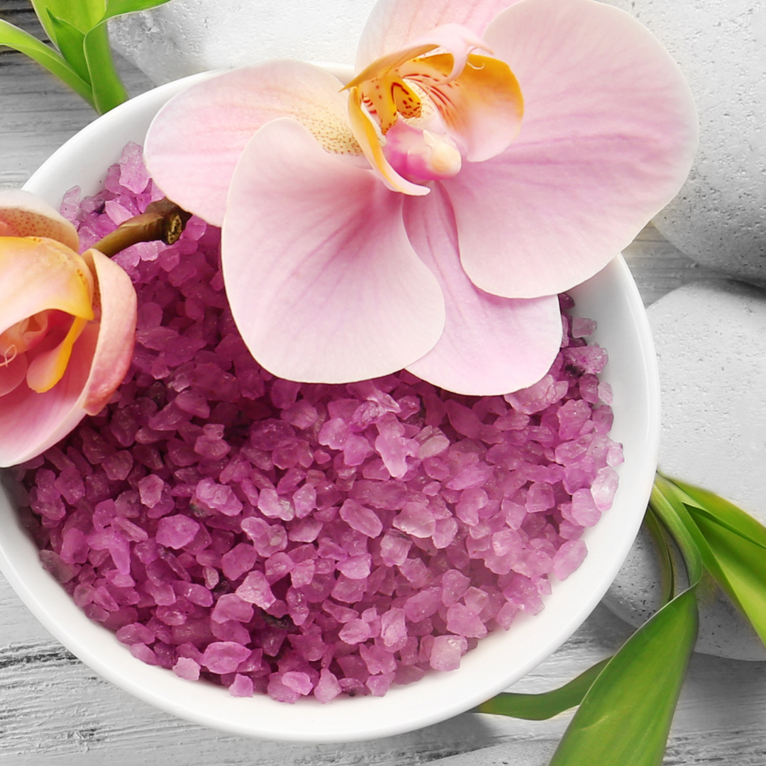 pink salt and an orchid flower