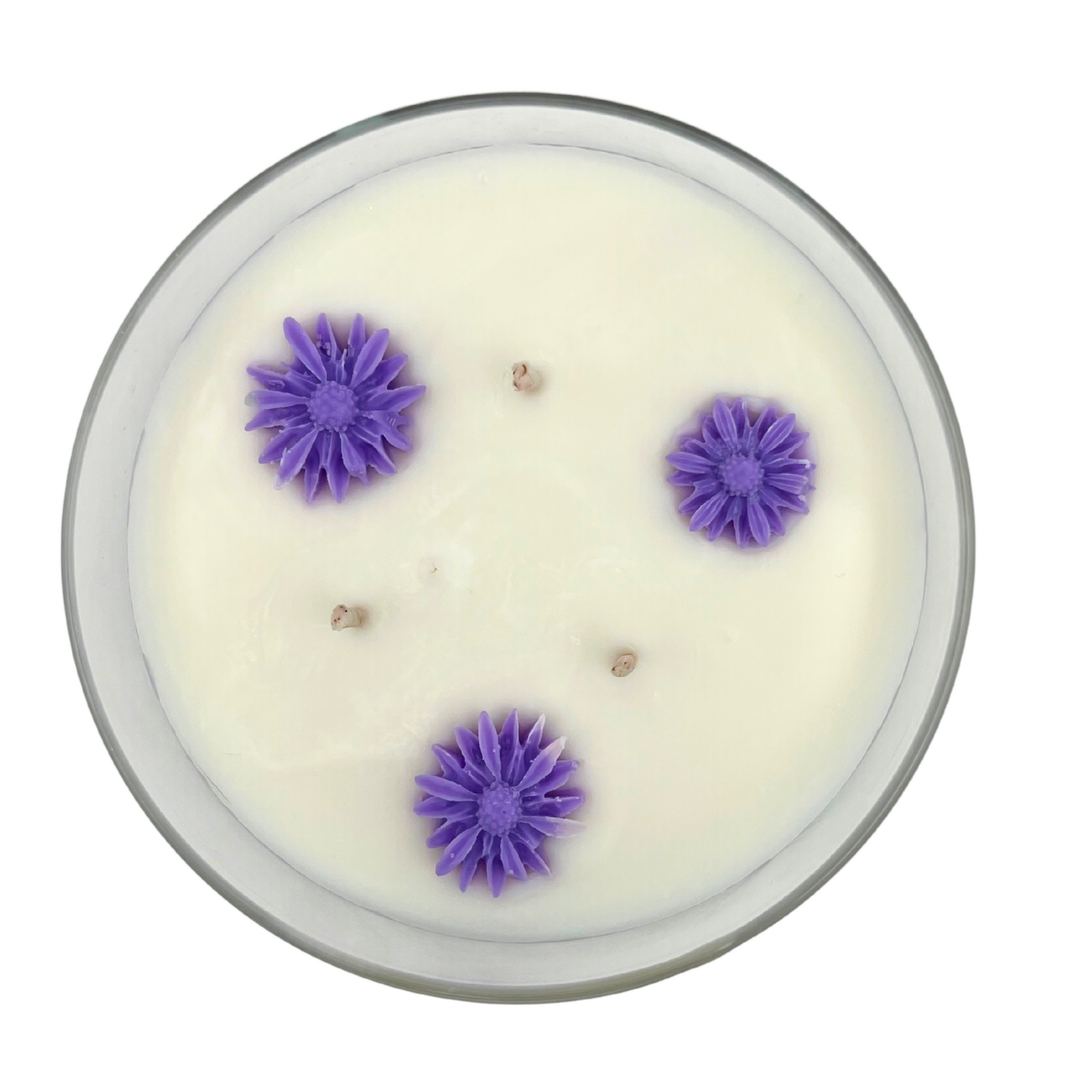 Top of 3-wick soy candle with purple soy wax embellishments