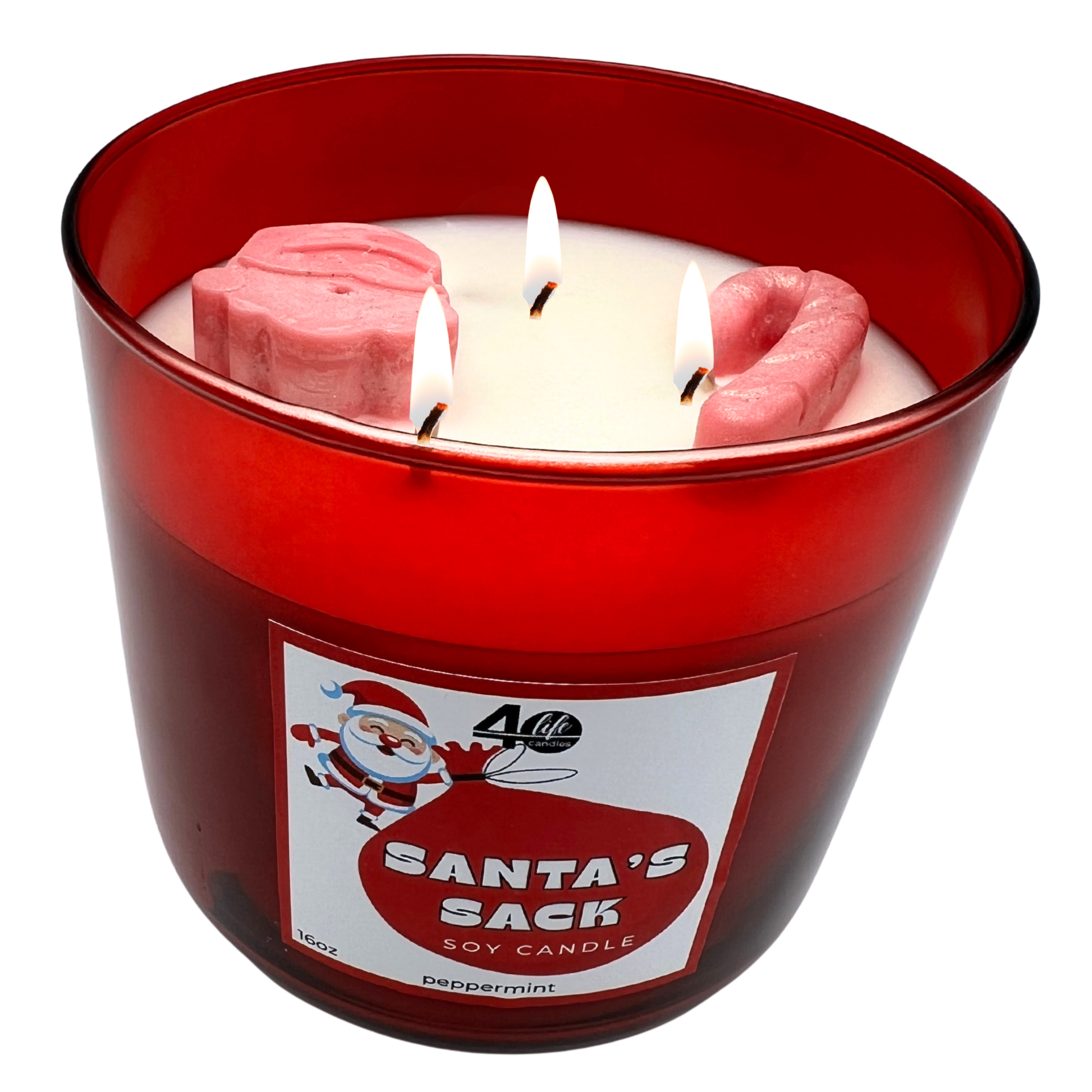 Candle in a red container labeled 'Santa's Sack' with a Santa Claus design on a white background