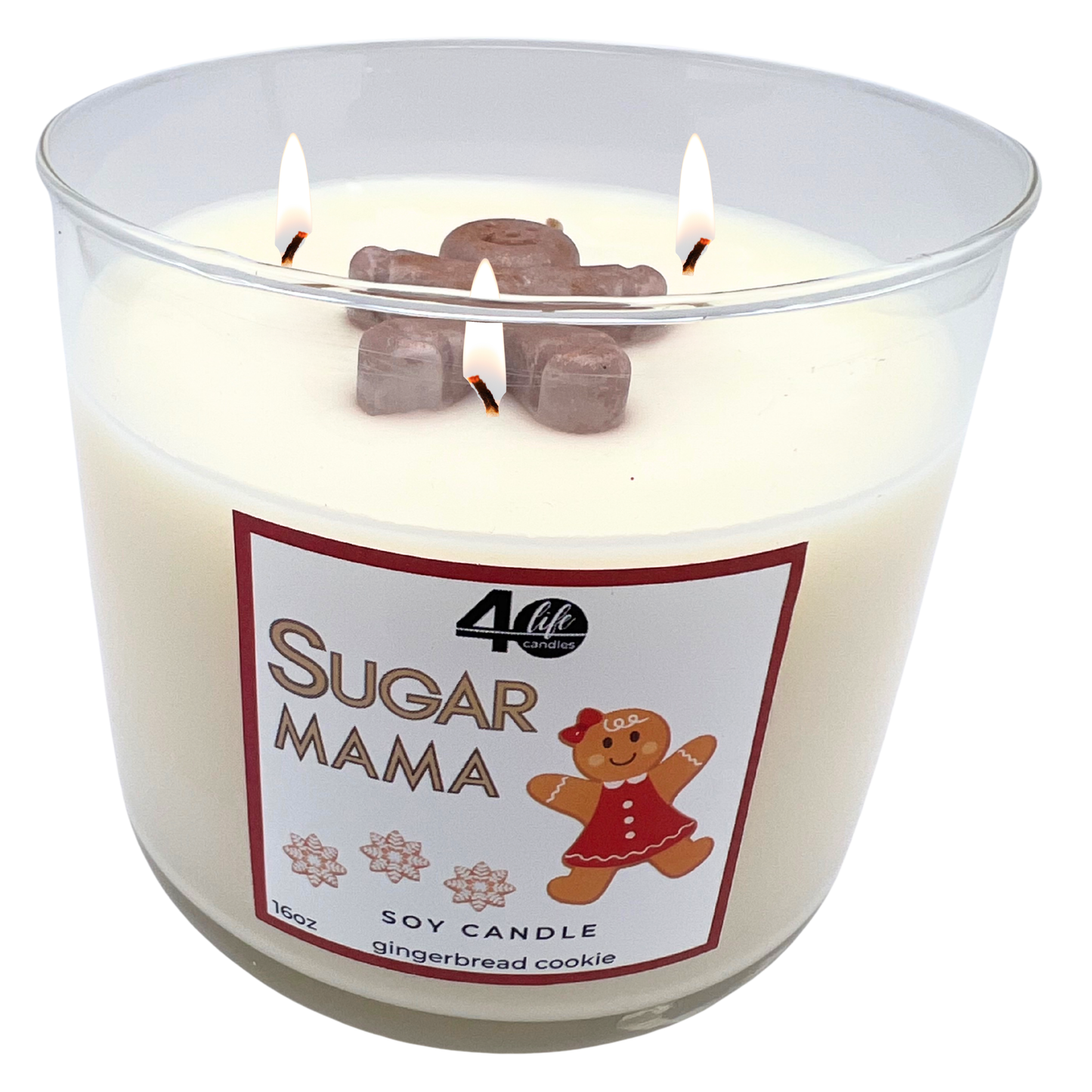 Candle in a glass jar labeled 'Sugar Mama' with gingerbread soy wax cookie on top, featuring the brand '40 life candles'.