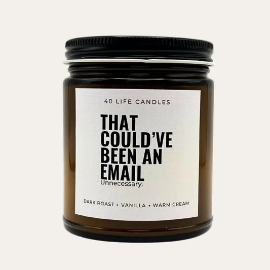 Candle with funny label on a cream background.