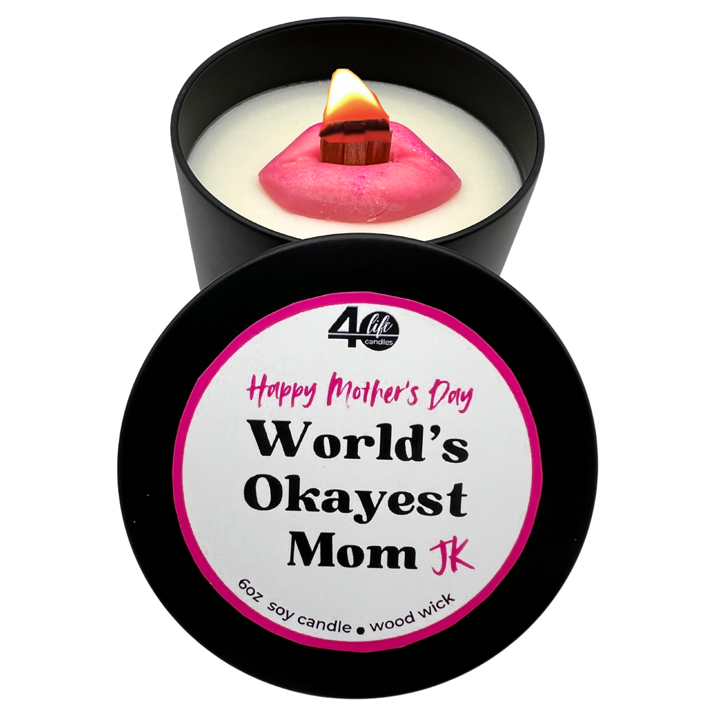 Soy Candle with lit wood wick and pink soy wax lips