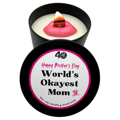 Soy Candle with lit wood wick and pink soy wax lips