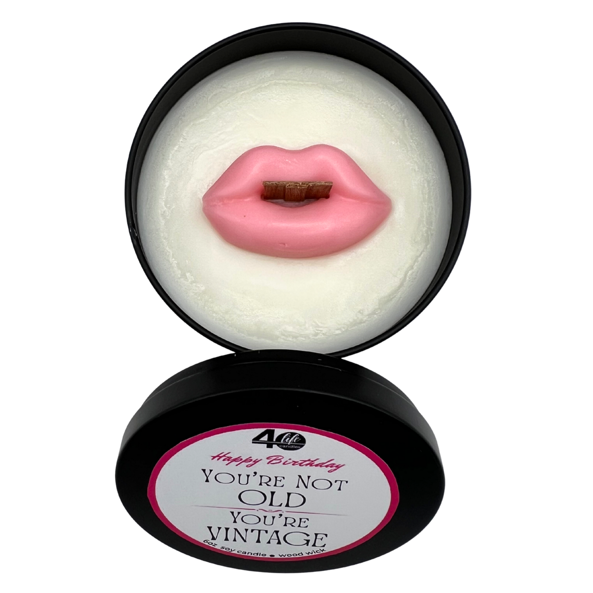 Happy Birthday soy candle with wood wick and wax pink lips