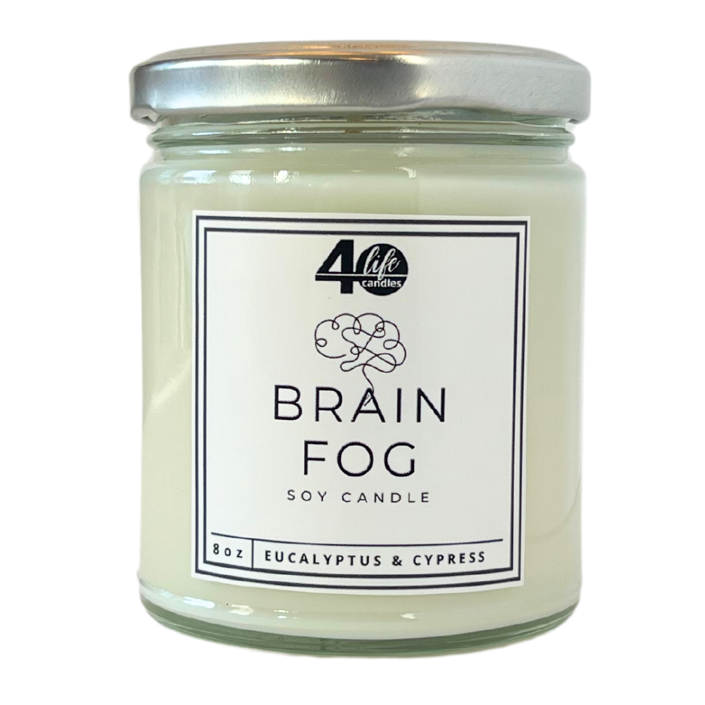 Clean-burning soy candle in a reusable glass jar with a silver metal lid on a white background. Label has a line-drawing simulating a brain.