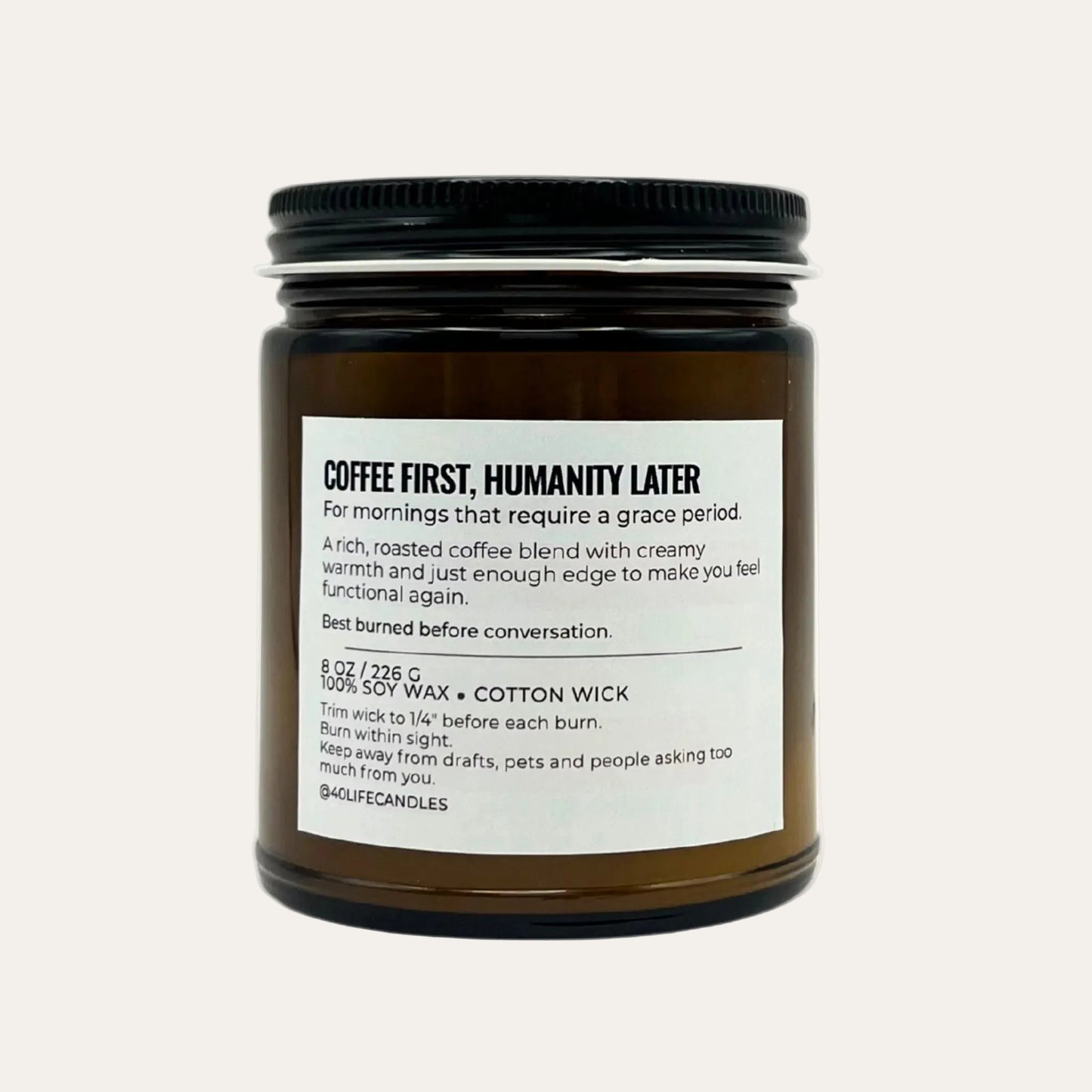 candle with burning instructions and size.