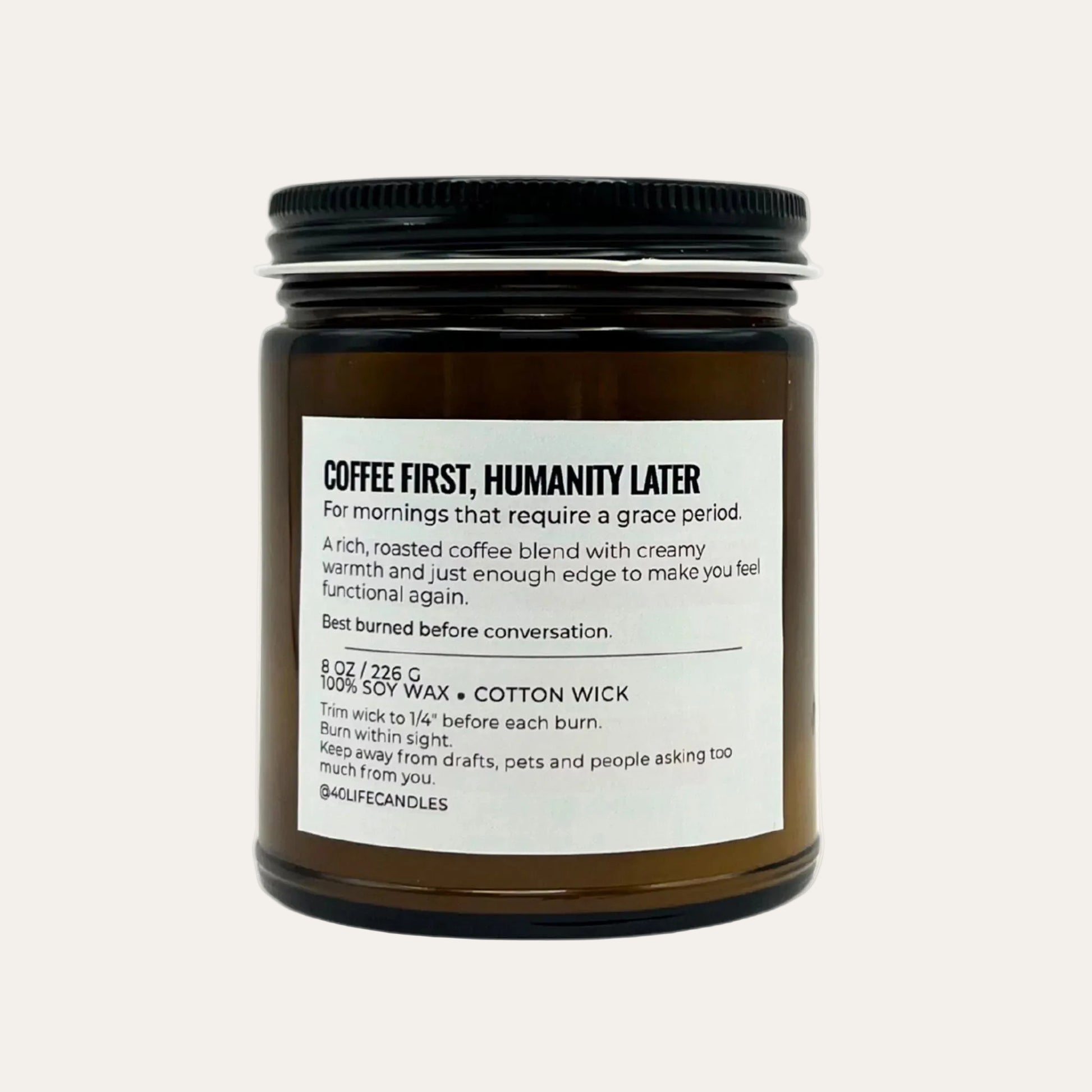 candle with burning instructions and size.