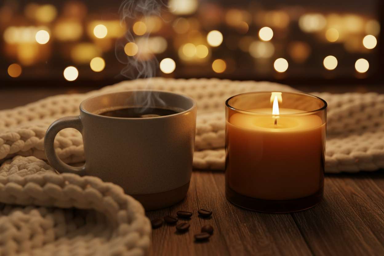 Cup of coffee and lit candle on a wooden surface with warm lighting