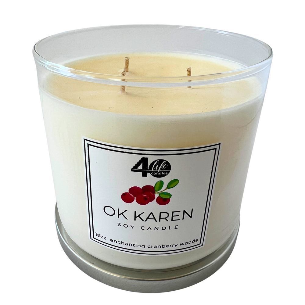 OK Karen soy candle with 3 cotton wicks on a white background