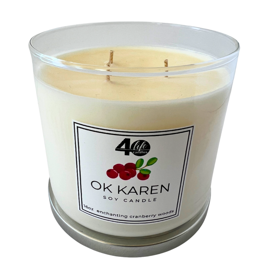 OK Karen soy candle with 3 cotton wicks on a white background