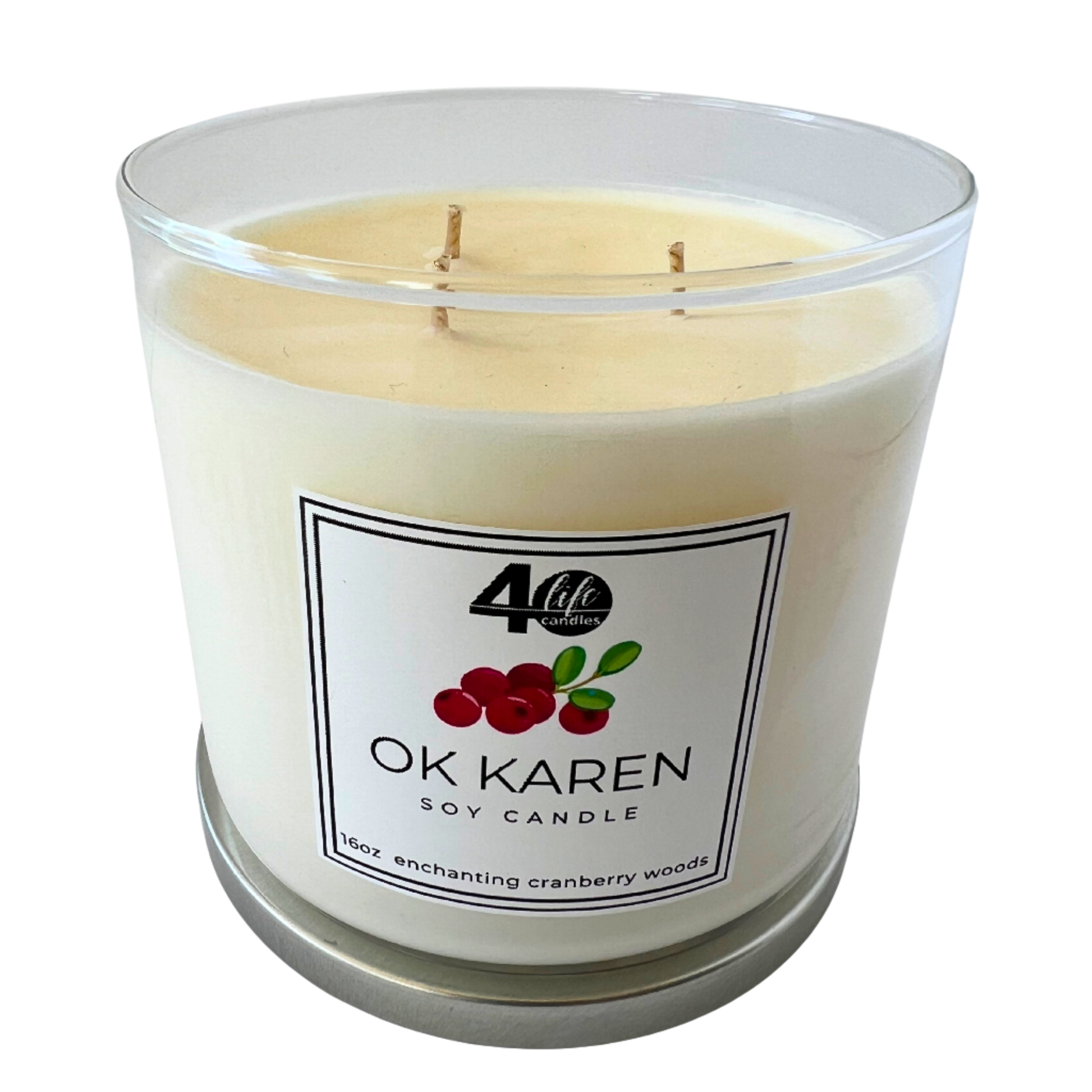 OK Karen soy candle with 3 cotton wicks on a white background