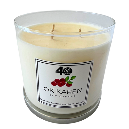 OK Karen soy candle with 3 cotton wicks on a white background