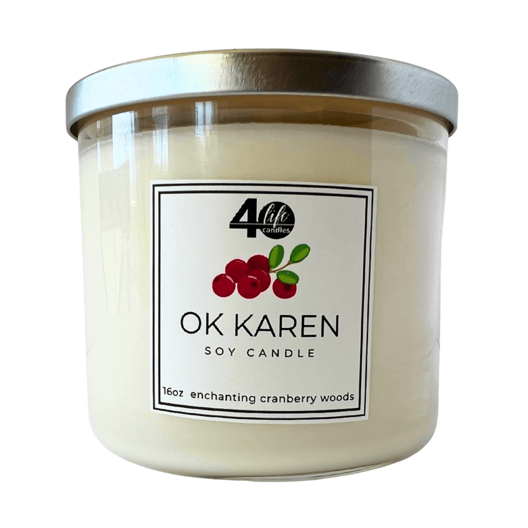 OK Karen soy candle in cranberry woods scent