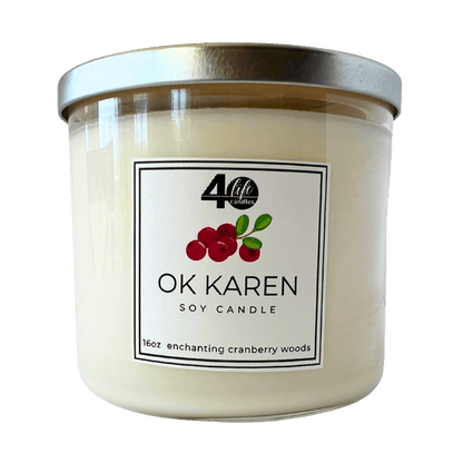 OK Karen soy candle in cranberry woods scent