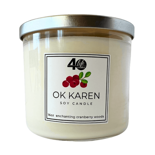OK Karen soy candle in cranberry woods scent