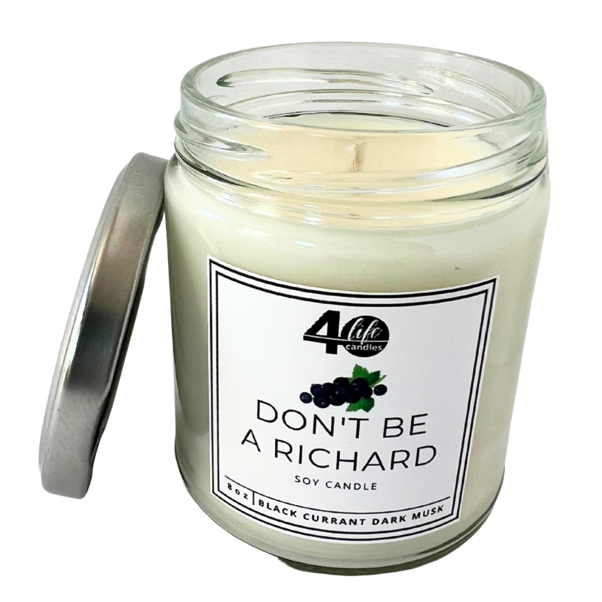 Don't Be A Richard soy candle with silver metal lid