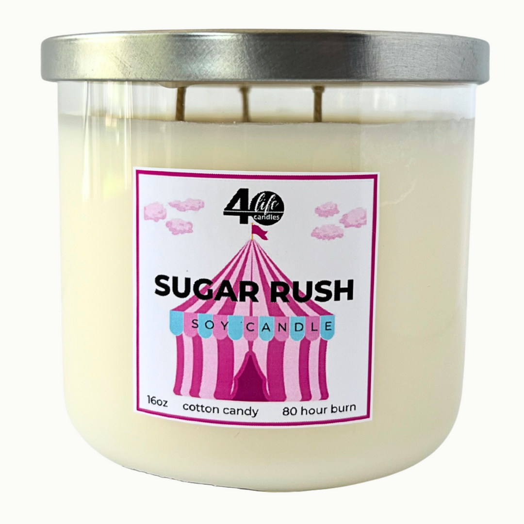sugar rush soy candle with 3 cotton wicks and a silver metal lid