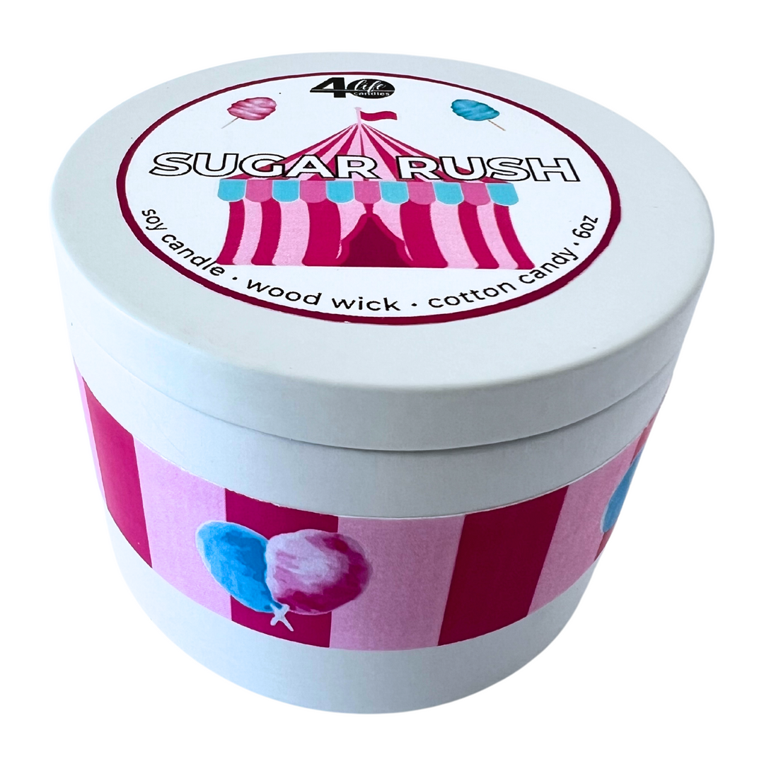 sugar rush soy candle in white tin